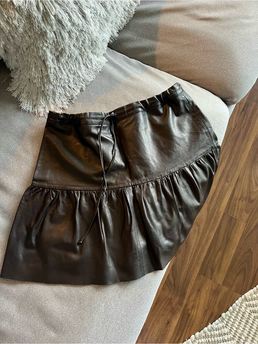 Cute “All Saints” Black Leather Tiered Mini Skirt